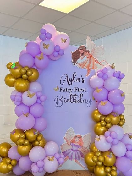 A straight-on view of the fairy-themed first birthday setup, perfect for a magical and enchanting party.