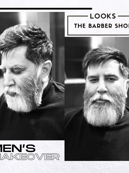 A classic men's makeover featuring our salt and pepper coloring service. We expertly blend grays to create a distinguished and natural look, complemented by a sharp haircut and beard trim.