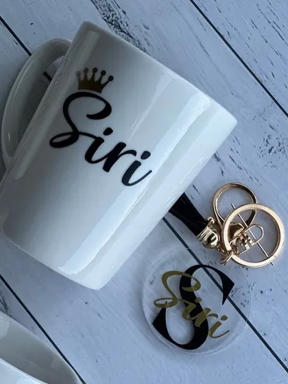 A personalised mug and matching acrylic keychain set for 'Siri'. We love creating coordinated gift sets.