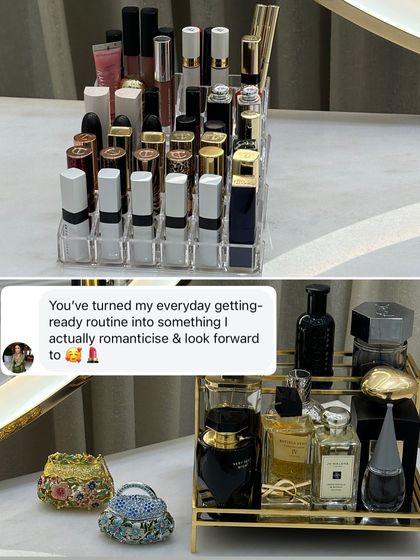 "You've turned my everyday getting-ready routine into something I actually romanticise." This client's feedback highlights our goal: to make your daily rituals feel special. We organized her vanity to be both beautiful and functional.