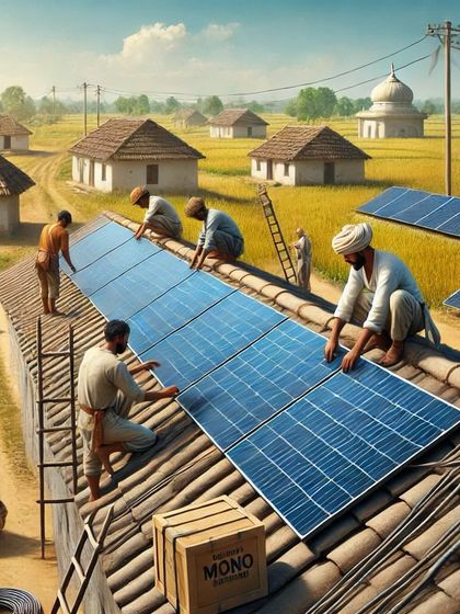 Another vision of a solar-powered rural landscape. I install high-efficiency black mono solar panels that provide reliable energy, reduce bills, and come with government subsidies of up to ₹1,48,000.