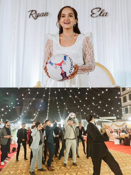 Incorporating personal passions into the wedding is key. The bride, Ela, is a football fan, so we included a fun bouquet toss with a football, creating a unique and memorable moment for her and the guests.
