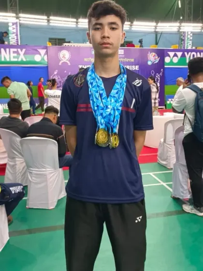 **Eleven Medals at the 68th State Open.** Rishav, one of our star performers, draped in medals after winning multiple gold, silver, and bronze medals at the State Open Badminton Championships 2024.