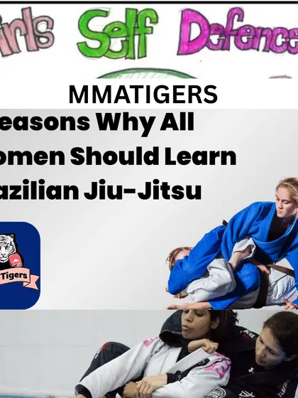A collage emphasizing the importance of self-defense for girls and the effectiveness of BJJ in real-life scenarios.