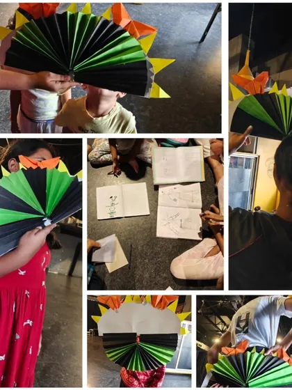 A collage showcasing the prop-making process for 'Yaksha's Maya'. The children were involved from start to finish, from designing the props based on their script to crafting them by hand.