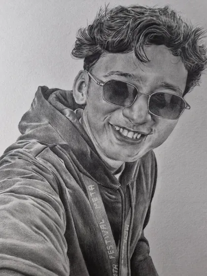 A paid commission of a smiling man in a hoodie and sunglasses. I enjoy drawing candid, happy expressions that bring the portrait to life.