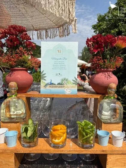 This collage shows the versatility of our bar setups. We can create custom branding on glassware, prepare artistic fruit garnishes, and design unique displays for shots and cocktails, all under thematic lighting.