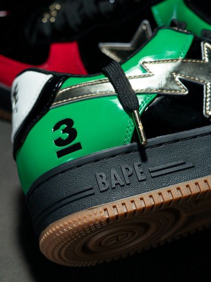Detail shot of the heel of the Bapesta UAE edition, featuring the '3' embroidery signifying the 3rd anniversary and the BAPE logo on the midsole.