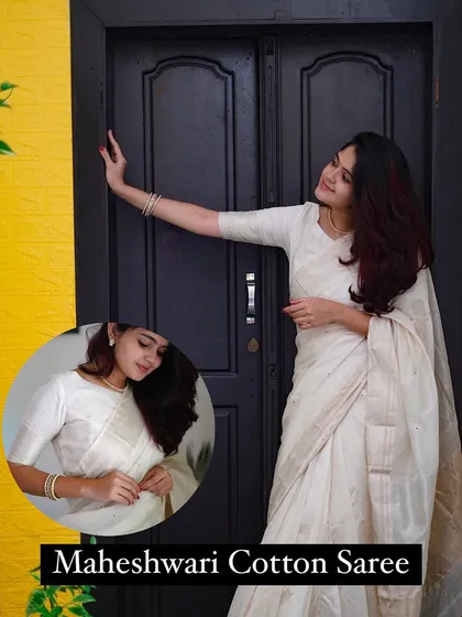 Another view of the classic off-white Maheshwari cotton saree, a versatile piece for any festive wardrobe.