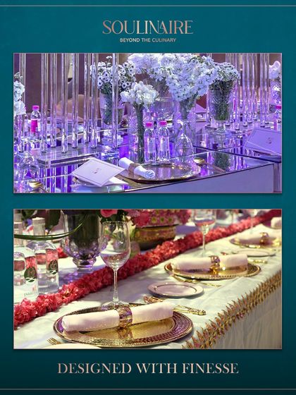 A collage of tables designed with finesse, featuring a modern setup with mirrored surfaces and crystal centerpieces, and a traditional one with marigold garlands. We cater to every aesthetic.
