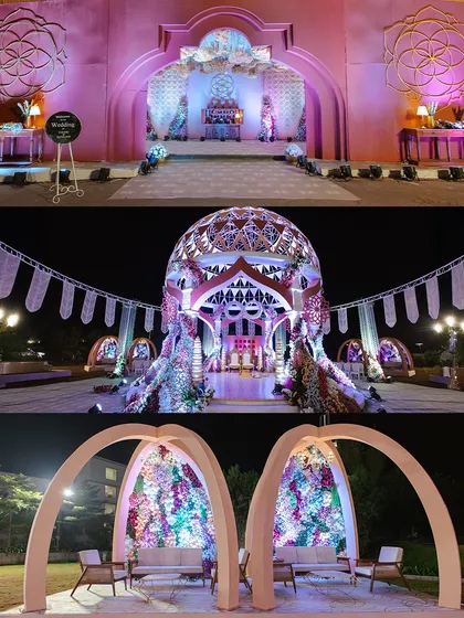 This collage displays a range of opulent decor elements from a single wedding, including a grand stage with traditional motifs, a massive dome structure for an entrance, and floral-filled arches for photo opportunities.