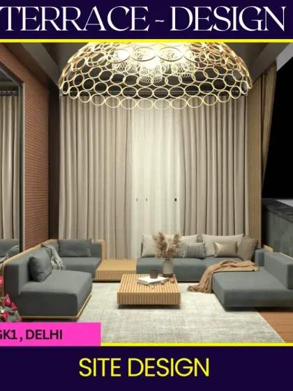 This render showcases the interior of a terrace lounge we designed in GK1. The space features a massive statement chandelier, comfortable modular seating, and a neutral color palette to create a sophisticated and cozy atmosphere.
