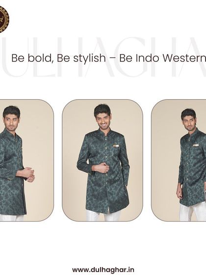 Be bold, be stylish, be Indo-Western. Three views of the green printed jacket, showing its versatility.