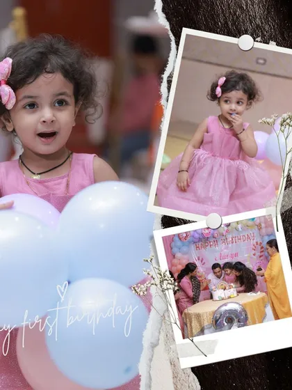A beautiful collage celebrating Aavya's first birthday, showing her enjoying the party, posing with balloons, and cutting her cake. This captures the variety of moments from the day.