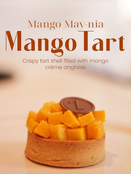 Mango May-nia is here with my Mango Tart. A crispy tart shell is filled with mango crème anglaise and topped with fresh mango cubes.