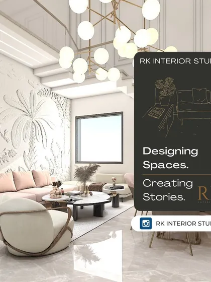 A promotional graphic showcasing my design philosophy: "Designing Spaces. Creating Stories." It features a beautifully rendered living room as a backdrop.