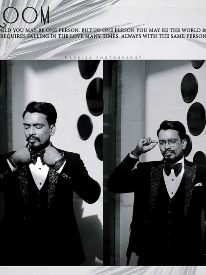 A dapper black and white collage of the groom getting ready for his Sagan. Adjusting his bow tie, these shots capture the final touches that complete his look.