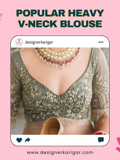 An olive green V-neck blouse with heavy, scattered floral embroidery. This design is perfect for a sangeet or reception outfit.