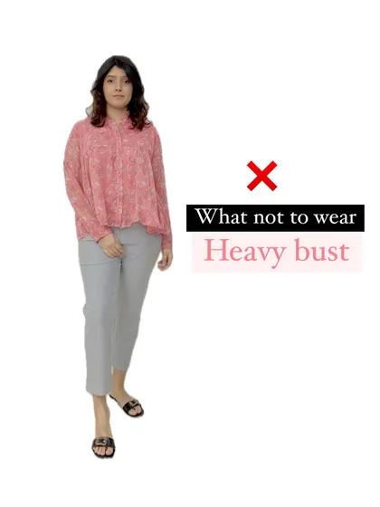 A clear visual of what not to wear for a heavy bust. This top with pleats over the bust adds unnecessary volume, demonstrating a key principle to avoid.
