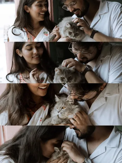 A collage of sweet and candid moments showing the couple interacting with their cat. This series of shots tells a heartwarming story about their little family.
