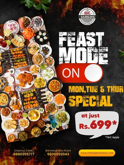 From the first aroma to the last bite, turn your feast mode on. Enjoy our special offer on Mondays, Tuesdays, and Thursdays for just ₹699.