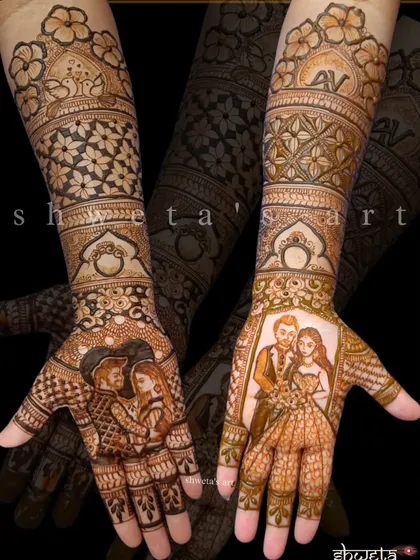 An engagement mehendi featuring two different couple portraits. One side shows a modern, romantic pose, while the other includes the couple's initials for a personalized touch.