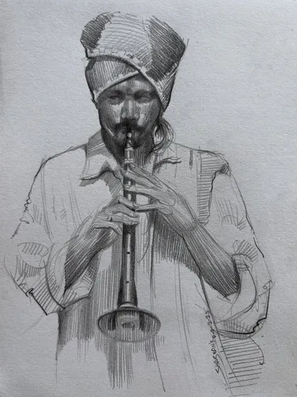 A pencil sketch of a musician playing the shehnai. I used cross-hatching to build up the tones and capture the folds of his clothing and the intensity of his focus.