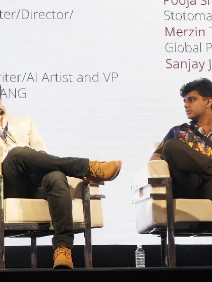 On stage at Film Bazaar 2024, discussing the future of storytelling. I enjoy participating in panels and sharing my perspective on how AI is changing creative industries.
