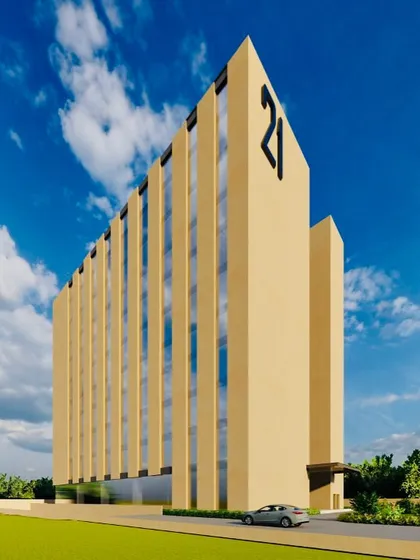 A rendering for an upcoming office building in Greater Noida, designed for a leading infrastructure company. The facade employs solar passive strategies, using solid masses to shield interiors while allowing for controlled natural light, resulting in a sustainable and powerful corporate presence.