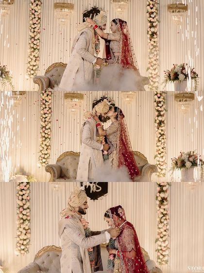 A sequence of the Varmala ceremony, capturing the exchange of garlands and the celebratory kiss.