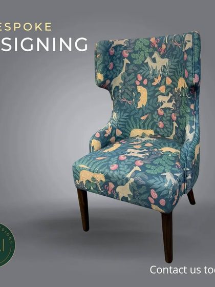 This high-back wing chair is upholstered in a whimsical, forest-themed fabric. It's a perfect statement piece, combining a classic silhouette with a playful, modern print to create a unique and comfortable seat.