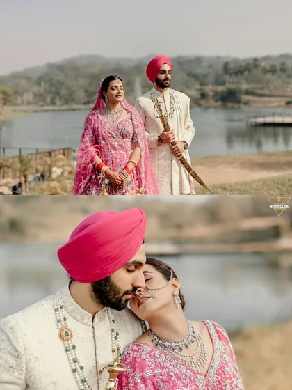 A collage of the couple's portraits by the lake, capturing both a formal pose and an intimate, tender moment.