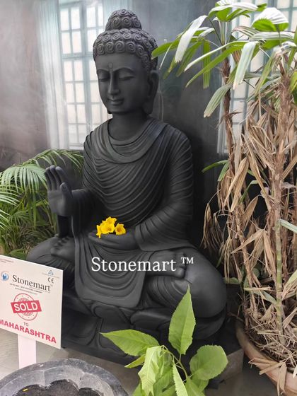 This 4-foot, 500 kg black marble Buddha statue was recently sold to a client in Maharashtra. The deep black stone provides a striking contrast and a powerful sense of peace, making it a popular choice for modern homes and gardens.