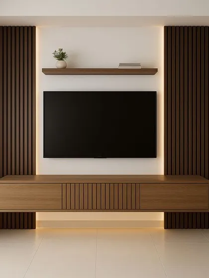 A minimalist floating TV unit with a slatted wood console and dark wood fluted panels on either side. The design uses hidden LED strips above and below the console to create a warm, ambient glow.
