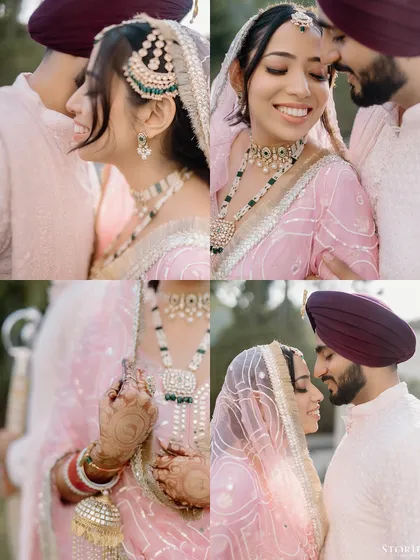 A collage of intimate moments between the Sikh couple, Shelly and Shivam, capturing their smiles and gentle interactions.