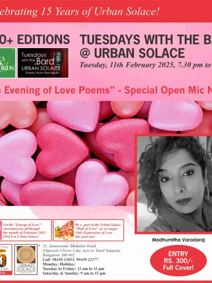 The poster for our "Evening of Love Poems," a special open mic night featuring four incredible poets exploring all facets of love.