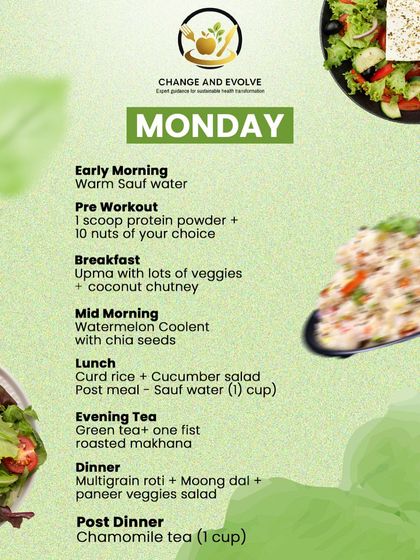 A Monday meal plan featuring upma for breakfast, curd rice for lunch, and multigrain roti with moong dal for dinner.