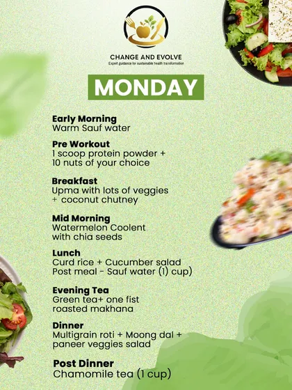 A Monday meal plan featuring upma for breakfast, curd rice for lunch, and multigrain roti with moong dal for dinner.