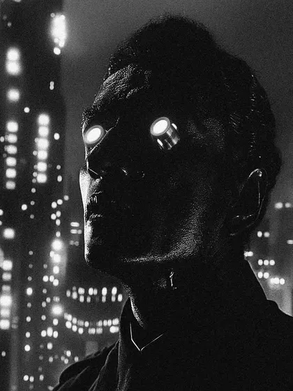 A shadowy figure with glowing eyes looks over the city of 'Bombaytron'. This character is a mysterious observer in my noir-inspired world.