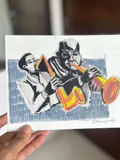 A monochrome artwork with a pop of colour, created as a gift for the iconic Candies Cafe in Bandra. This piece captures the musical and artistic vibe of the place.