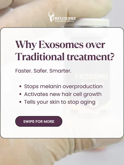 This graphic explains why Exosomes are a smarter choice than many traditional treatments. They work by signaling your cells to activate new hair growth, stop melanin overproduction, and even slow down the aging process.