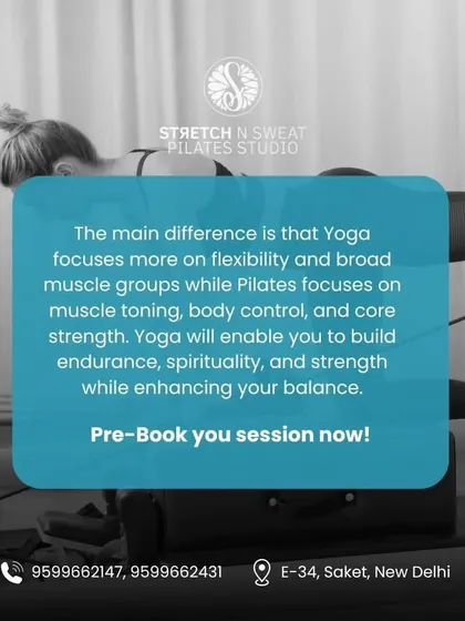 This graphic explains that while Yoga focuses on flexibility and broad muscle groups, Pilates hones in on muscle toning, body control, and core strength.