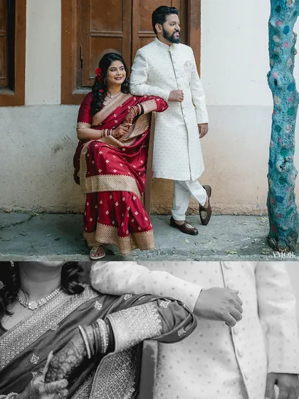 A mix of color and black and white, this collage captures the couple in a relaxed, seated pose. It highlights their comfortable and easy chemistry.