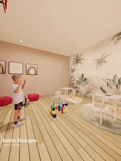 The kids' play zone in the clubhouse is designed to be safe, fun, and imaginative. I used soft colors, playful rugs, a nature-themed wall mural, and simple activity furniture to create a delightful space for children.