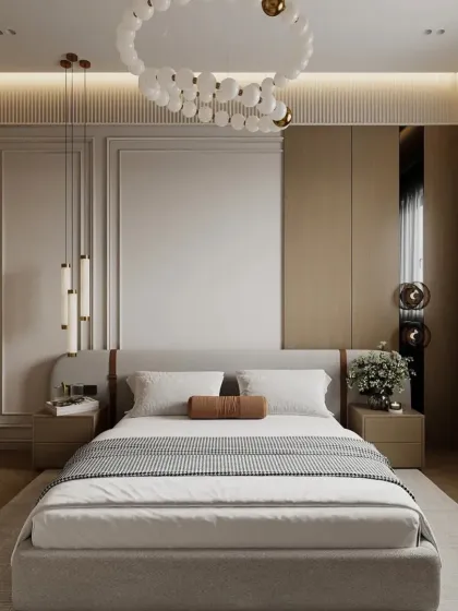 A full view of the neutral-toned bedroom, showing the seamless integration of the wardrobe and the overall serene and sophisticated design.