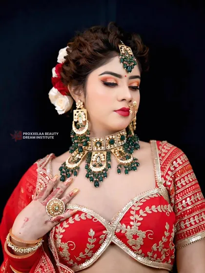 This angle highlights the beautiful hair styling with fresh flowers, which I coordinate with the makeup to complete the look.