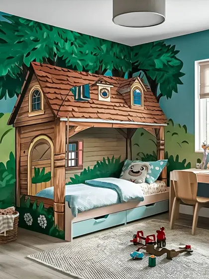 We create cozy, imaginative escapes with designs like this treehouse-style bed. Paired with a forest mural, it turns bedtime into an adventure while offering practical under-bed storage drawers.