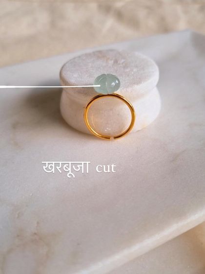 This is my 'kāling' Aquamarine Melon Ring, featuring a unique 'kharbuja' or melon cut. It's a beautiful piece for accessing the calming and soothing vibes of Aquamarine.