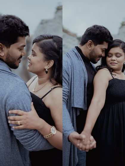 A close-up collage of a couple sharing an intimate moment during their pre-wedding shoot at a quarry location.