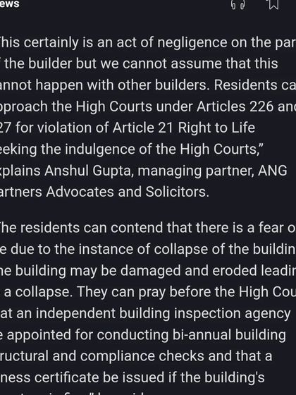 Following the tragic Chintels building collapse, I was quoted on moneycontrol.com explaining the legal remedies available to residents. This includes approaching the High Court for violation of the Right to Life under Article 21 due to the fear of building collapse.